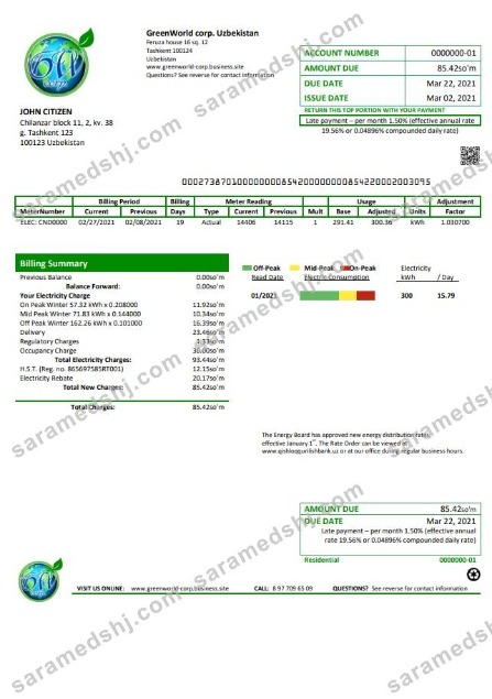 Uzbekistan GreenWorld utility bill template in Word and PDF (.doc and .pdf) format, fully editable